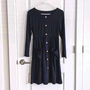 Pleated Long Sleeve Dress Navy Blue w/Buttons